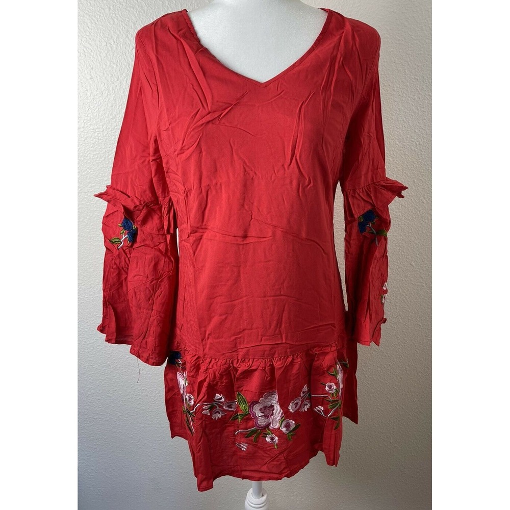 Available by Angela Fashion Long Sleeve Red V Neck Embroidered Floral Dress Sz L